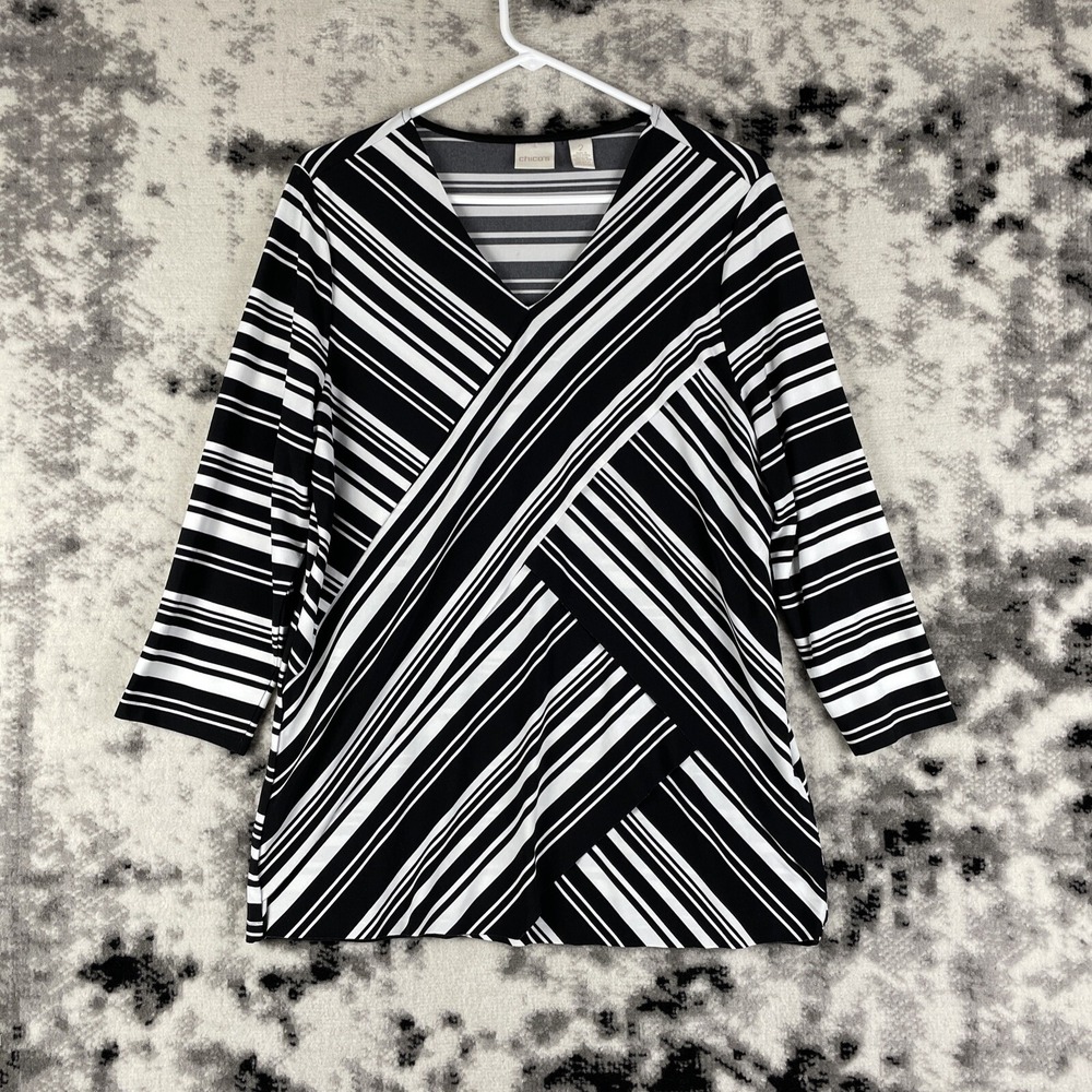Chicos Blouse Womens‎ Size Large (2) Black White Cross Striped V-Neck Poly